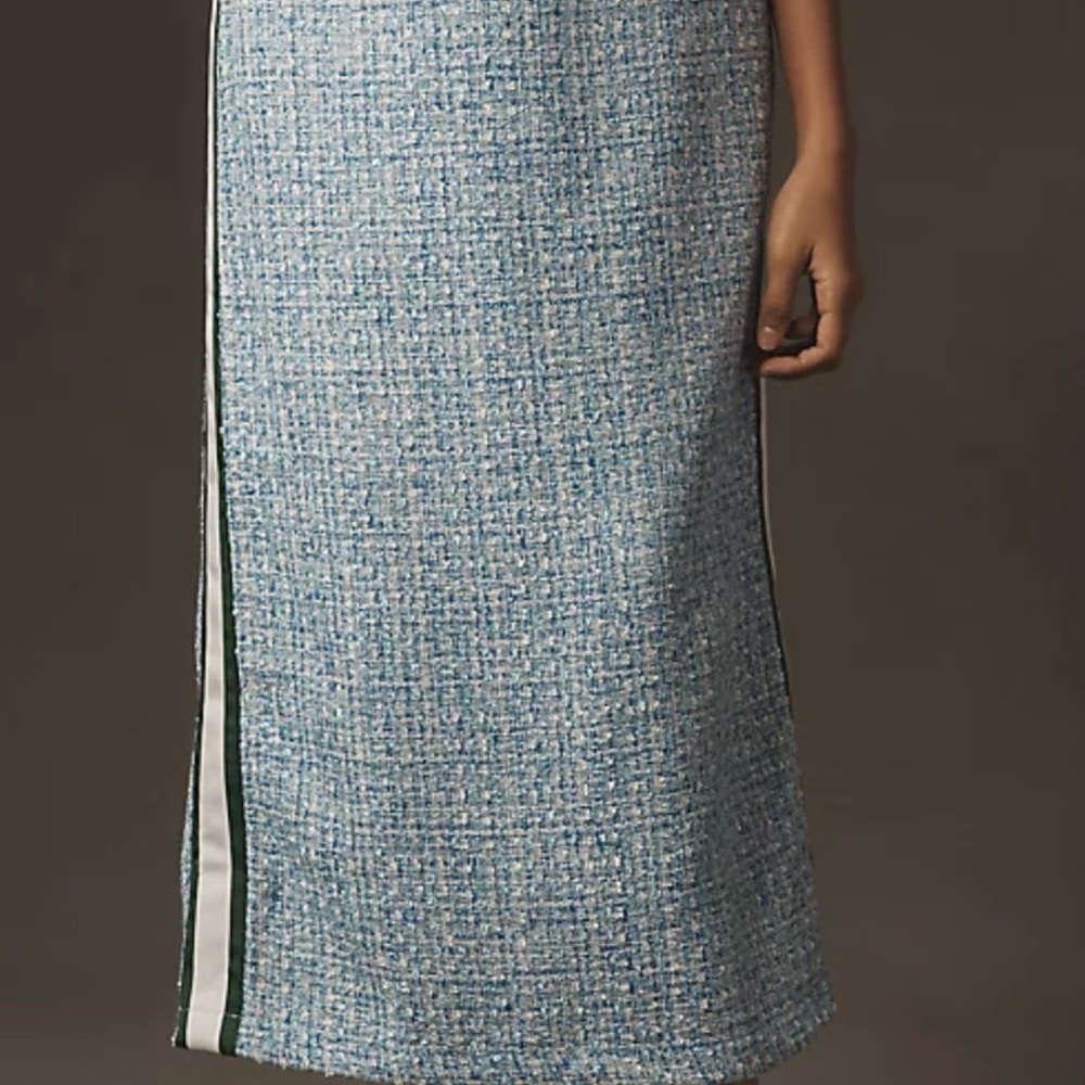 Anthropologie Light Blue Tweed Midi Pencil Skirt w/ Side Stripe academia sporty